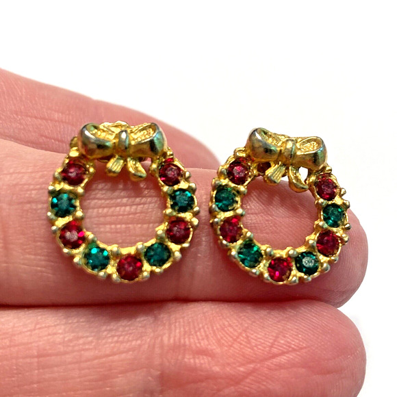 Christmas Holiday Pierced Earrings Red & Green Rhinestones Small Gold Wreaths - Picture 6 of 6